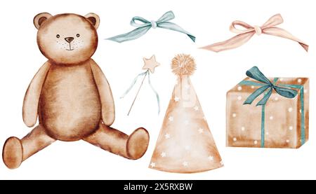 Teddy bear watercolor set. Cute hand drawn drawings of a plush animal with a pink and blue bow, a magic wand, a party hat and a gift box. Clip art on Banque D'Images