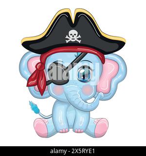 Pirate d'éléphant, personnage de dessin animé du jeu, animal sauvage dans un bandana et un chapeau à tête de cocon avec un crâne, avec un timbre oculaire.Caractère avec des yeux lumineux Illustration de Vecteur