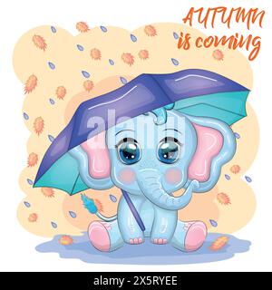 Mignon dessin animé éléphant, childish personnage avec de beaux yeux avec parapluie, automne. Illustration de Vecteur