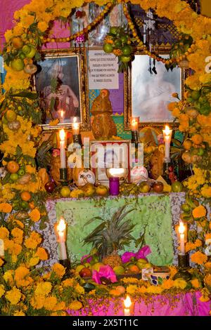 Oaxaca ; Mexique. Célébrations du jour des morts. Autel aux ancêtres de la famille, recouvert de Marigolds, la fleur traditionnellement utilisée pour honorer les morts. Banque D'Images