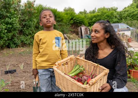 Portrait de mère avec fils tenant panier avec des légumes frais Banque D'Images