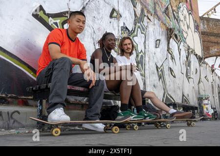 Portrait d'un groupe de jeunes amis avec des skateboards Banque D'Images