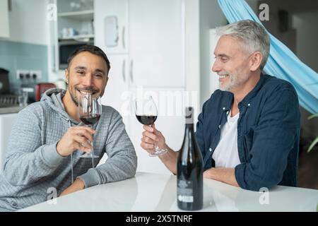 Couple masculin buvant du vin rouge à la maison Banque D'Images