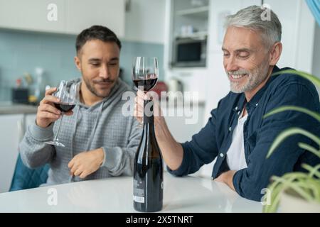 Couple masculin buvant du vin rouge à la maison Banque D'Images