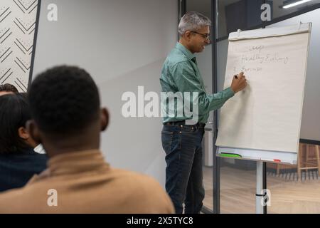 Homme d'affaires écrivant des idées sur le tableau de conférence pendant la réunion Banque D'Images