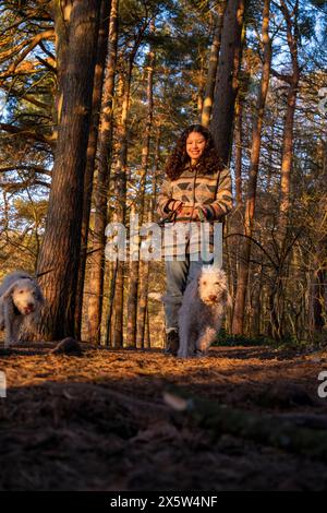Jeune femme promenant des chiens dans la forêt Banque D'Images