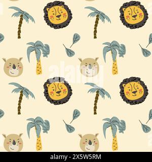 Motif d'animaux de safari africains sauvages dans un style scandinave tendance. Imprimé enfantin mignon avec des portraits d'animaux dans la jungle tropicale. Illustration de Vecteur