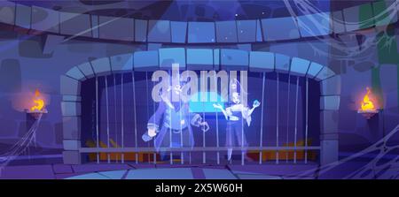 Fantôme pirate dans l'intérieur de la salle de prison du château. Mur de pierre dans l'ancien bâtiment médiéval sombre. Vieille maison sinistre abandonnée avec homme et femme. Tour d'horreur w Illustration de Vecteur