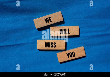 Vous nous manquerez des mots écrits sur des blocs de bois avec fond bleu. Conceptuel, vous nous manquerez symbole. Copier l'espace. Banque D'Images