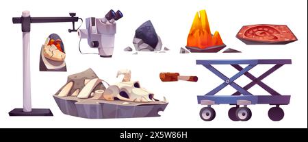 Salle de laboratoire scientifique avec vecteur fossile de dinosaure. Laboratoire archéologue dans le musée préhistorique avec des preuves de l'évolution examiner. Recherche paléontologue Illustration de Vecteur