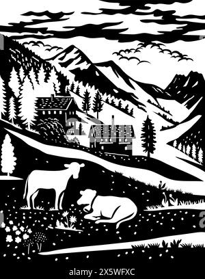 Scherenschnitte suisse ou ciseaux coupé illustration de la silhouette du Parc naturel Binntal avec chalet, vache dans le village du Haut Valais de Binn, Ernen, Greng Illustration de Vecteur