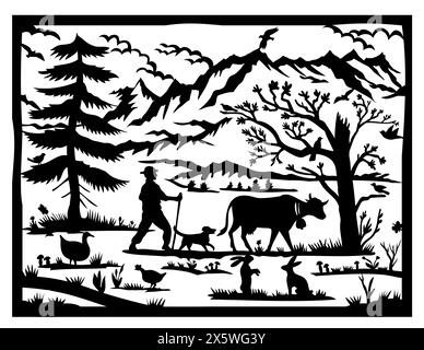 Scherenschnitte suisse ou ciseaux coupé illustration de la silhouette des alpes suisses avec sapin et fermier, vache, chien, lapin, oie, papillon, montagnes Illustration de Vecteur