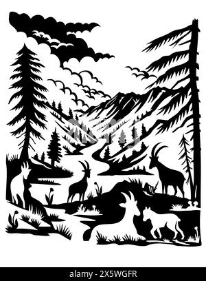 Scherenschnitte suisse ou ciseaux taillé illustration de la silhouette de bouillie avec Val Trupchun situé dans le parc national suisse dans les Alpes rhétiques occidentales, SW Illustration de Vecteur