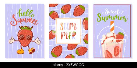 Bonjour l'été. Ensemble de cartes postales, bannières à vendre. Fraise fraîche dans des lunettes de soleil, un personnage de dessin animé rétro mignon. Cocktail de baies avec crème fouettée. GR Illustration de Vecteur
