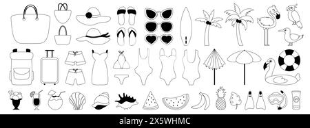 Grand ensemble d'éléments sur le thème de l'été, des voyages et des vacances. Icônes de ligne noire. Maillots de bain, coquillages et boissons estivales. Chapeaux, lunettes de soleil et sacs Illustration de Vecteur
