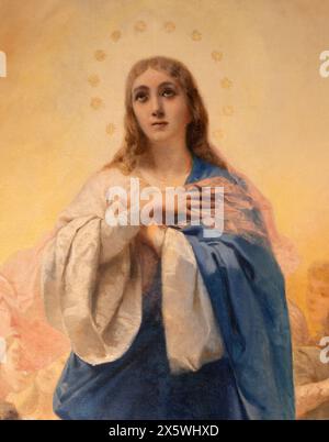 MILAN, ITALIE - 6 MARS 2024 : le détail de la peinture de l'Immaculée conception dans l'église Chiesa del Sacro Cuore. Banque D'Images