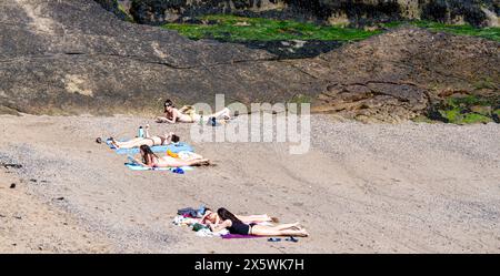 St Andrews, Fife, Écosse, Royaume-Uni. 11 mai 2024. Météo britannique : St Andrews connaît une incroyable vague de chaleur printanière, avec des températures allant jusqu'à 25°C. Les habitants et les touristes passent la journée à Castle Beach, profitant du soleil chaud de mai. Crédit : Dundee Photographics/Alamy Live News Banque D'Images