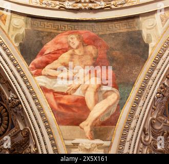 MILAN, ITALIE - 5 MARS 2024 : la fresque baroque de Jean l'évangéliste de la coupole de l'église Chiesa di San Vittore al Corpo de Daniele Crespi Banque D'Images