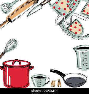 Cadre avec ustensiles de cuisine : casserole rouge, poêle à frire, tablier à pois, fouet, couteau, salière, moulin à poivre, spatule de cuisson, fouet. Illustration de Vecteur