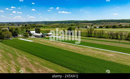 Photographie aérienne capture le paysage panoramique d'une zone rurale, avec des champs agricoles verdoyants et bruns divisés par une route rurale droite, sous un ciel bleu vibrant avec des nuages moelleux. Banque D'Images