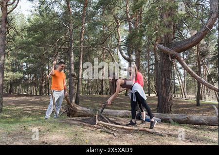 Trois touristes ramassent du bois de chauffage pour un feu dans une forêt de pins. Banque D'Images