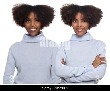 Portrait de sœurs jumelles sur fond blanc Banque D'Images