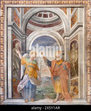 MILAN, ITALIE - 7 MARS 2024 : fresque des anges avec le roi de l'ancien Testament dans l'église Chiesa di Santa Maria della Passione par un artiste inconnu Banque D'Images