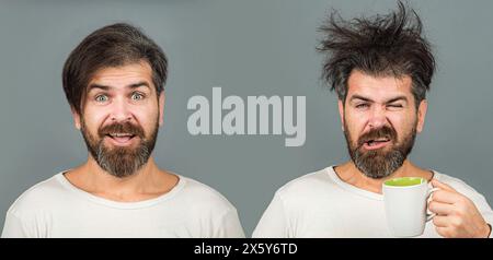 Bonjour. Homme avec tasse de thé. Hipster homme avec tasse de café. Homme barbu souriant après bonjour. réveil matinal. Mans tient une tasse de café Banque D'Images