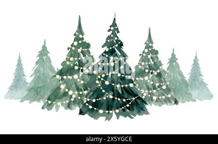 Sapins dans une rangée décorée de guirlandes lumineuses illustration aquarelle isolée sur blanc. Forêt d'épinettes vertes d'hiver Banque D'Images