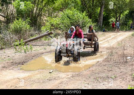 Myawaddy, Myanmar. 11 mai 2024. Les gens qui fuient la guerre de Myawaddy sont vus monter sur une charrette pour obtenir les services médicaux. Les réfugiés de guerre de Myawaddy vivent dans la forêt à cause de la guerre entre le groupe de résistance et l'armée birmane. L'armée birmane a utilisé des bombes à moteur et des frappes aériennes. Par conséquent, beaucoup de gens fuient l'endroit où ils vivaient. Certaines personnes qui pouvaient se permettre les charges coûteuses fuient à Mae sot, en Thaïlande. Mais pour les gens qui ne pouvaient pas se les permettre, ils vivaient dans la Jungle. (Photo de Kaung Zaw Hein/SOPA images/Sipa USA) crédit : Sipa USA/Alamy Live News Banque D'Images