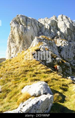 La partie nord du mont Sedlena depuis le parc national Durmitor : une vue d'une pente envahie d'herbe jaunie et de roches rudes Banque D'Images