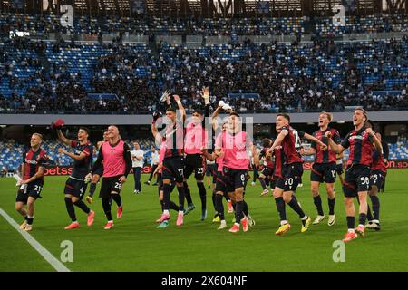 Bologne célèbre le match de la victoire après le match de football Serie A entre la SSC Napoli et Bologne au stade Diego Armando Maradona à Naples, dans le sud de l'Italie, le 11 mai 2024. Banque D'Images