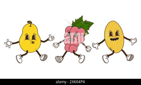 Fruits et baies dans un ensemble de style groovy. Melon de poire et raisins. Personnages rétro tendance, mascotte comique. Affiche de bannière de conception. Y2K hippie 70s, 80s. Illustration vectorielle. Illustration de Vecteur