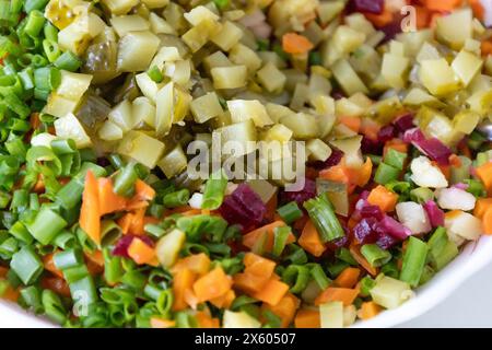 Une salade savoureuse nommée vinaigrette - une salade traditionnelle ukrainienne et russe de légumes. Plat végétarien. Nourriture végétalienne avec oignon vert, pommes de terre bouillies Banque D'Images