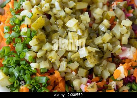 Une salade savoureuse nommée vinaigrette - une salade traditionnelle ukrainienne et russe de légumes. Plat végétarien. Nourriture végétalienne avec oignon vert, pommes de terre bouillies Banque D'Images