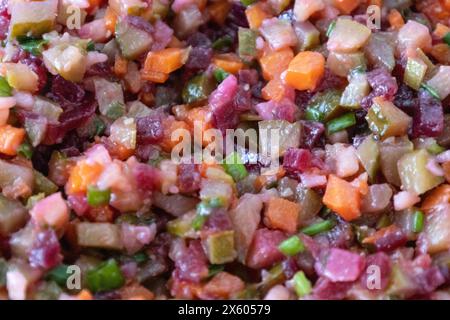 Une salade savoureuse nommée vinaigrette - une salade traditionnelle ukrainienne et russe de légumes. Plat végétarien. Nourriture végétalienne avec oignon vert, pommes de terre bouillies Banque D'Images