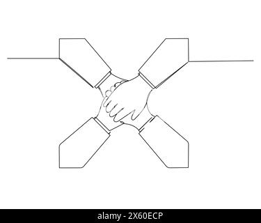 Simple continu un dessin quatre mains placées les unes sur les autres. Concept de stratégie de croissance de l'entreprise Illustration de Vecteur