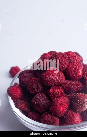 Fraise sauvage déshydratée séchée sur fond blanc copie espace Healthy Snack ingrédient concept de cuisson Banque D'Images