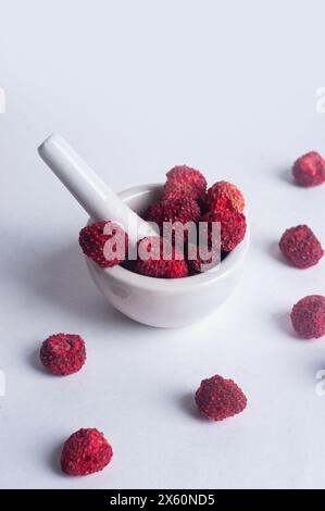 Fraise sauvage déshydratée séchée sur fond blanc copie espace Healthy Snack ingrédient concept de cuisson Banque D'Images