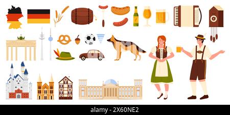 Voyage en Allemagne, symboles de la culture nationale et jeu de caractères. Homme et femme allemands, nourriture du festival Oktoberfest et bière bavaroise, monuments de construction et drapeau sur la carte illustration vectorielle de dessin animé Illustration de Vecteur