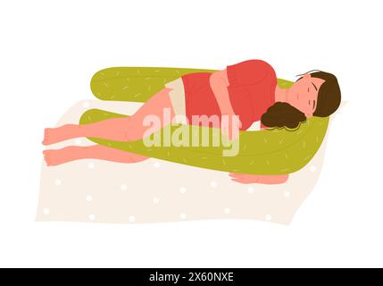 Femme enceinte dormant dans un lit confortable, couchée sur l'illustration vectorielle d'oreiller confortable Illustration de Vecteur