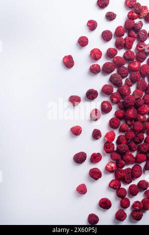 Fraise sauvage déshydratée séchée sur fond blanc copie espace Healthy Snack ingrédient concept de cuisson Banque D'Images