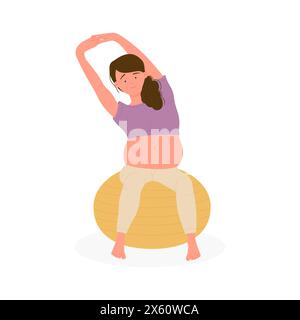 Entraînement sportif de la femme enceinte active heureuse sur la balle dans l'illustration vectorielle de gymnastique Illustration de Vecteur