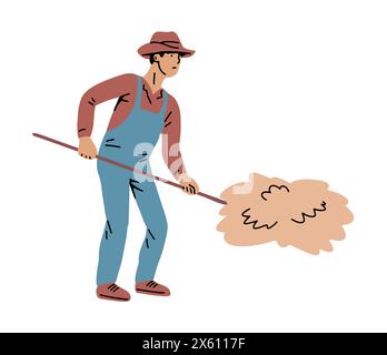 Homme fermier du village ramassant le foin dans une pile Illustration de Vecteur