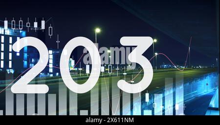 Image de chiffres changeants, graphiques, time lapse de véhicules en mouvement contre des bâtiments modernes Banque D'Images