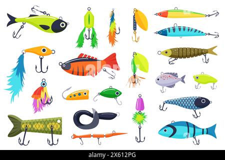 Leurres pour attraper des poissons de différentes formes. Collection d'équipement de pêcheur pour la pêche, crochet en acier sous-marin avec appât, élément d'attaque de pêcheurs et illustration vectorielle de dessin animé accessoire Illustration de Vecteur