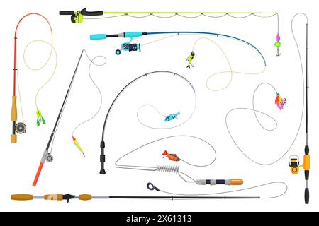 Ensemble de cannes à pêche, équipement de pêche à la ligne. Fisherman aborde la collection de différents pôles avec des bobines et des appâts, des engins de pêcheurs pour attraper des poissons sur leurre dans la mer, le lac ou l'illustration vectorielle de dessin animé d'eau d'étang Illustration de Vecteur