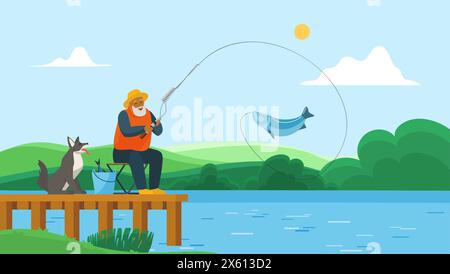 Vieux grand-père pêcheur pêchant dans le paysage de rivière d'été. Homme âgé avec la barbe assis dans la chaise pliante sur la jetée en bois par l'eau bleue pour attraper le poisson avec l'illustration vectorielle de dessin animé de canne à pêche Illustration de Vecteur