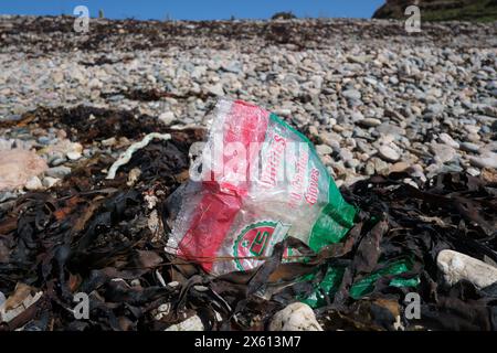 Emballage plastique lavé dans des algues sur la côte nord du pays de Galles Banque D'Images