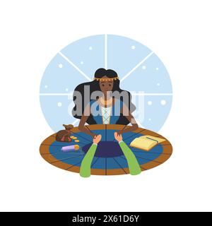 Femme gitane à table racontant des fortunes de paumes de mains de clients, illustration vectorielle de palmistie Illustration de Vecteur